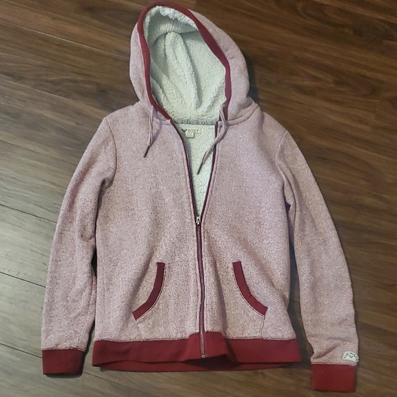 Roxy Jackets & Blazers - Roxy Light Pink Hooded Sherpa Fleece Hooded Jacket with Maroon Trim